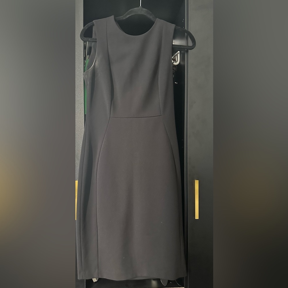 Calvin Klein, black with gold zipper, midi office/corporate dress, size small